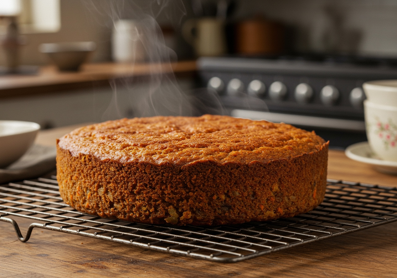 A baked carrot cake cooling on a wire rack after being removed from the oven