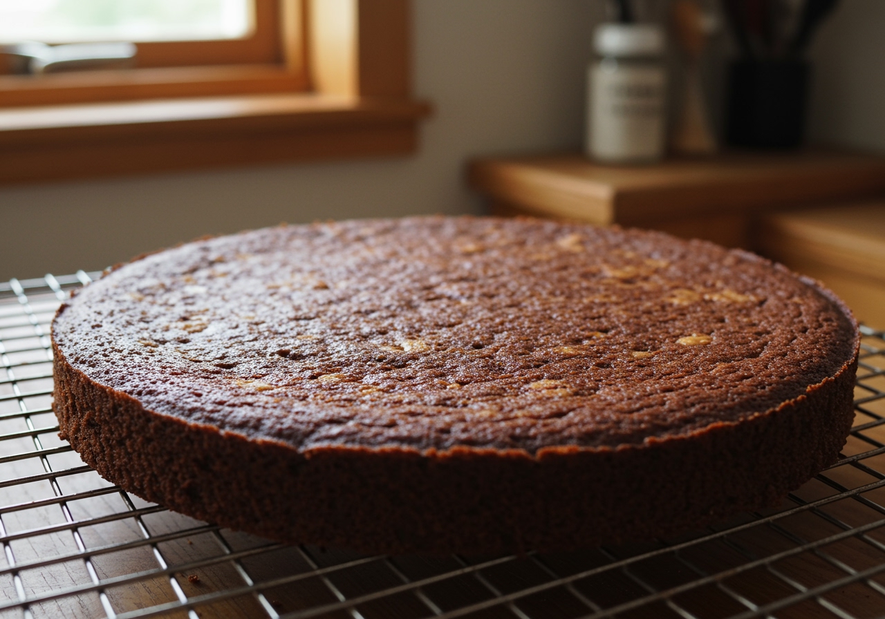 A baked healthy chocolate peanut butter cake base cooling on a wire rack.