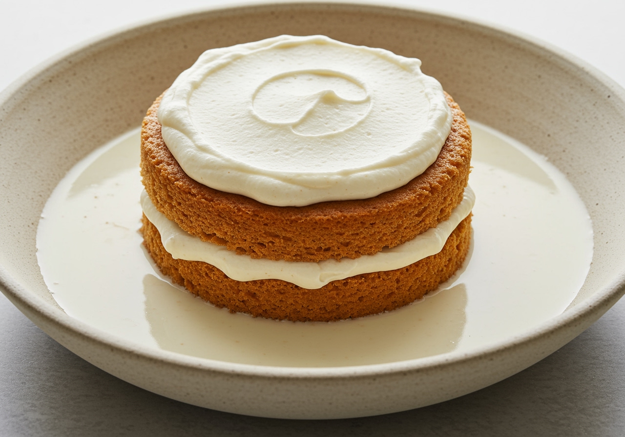 A baked vanilla cake soaking in a pool of horchata in a dish