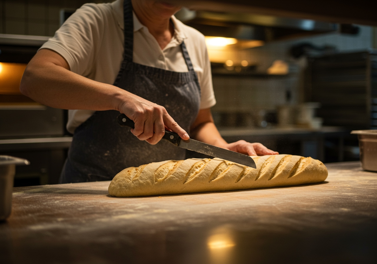 A baker expertly scoring a baguette dough with a sharp lame knife just before baking, creating diagonal cuts on the surface.