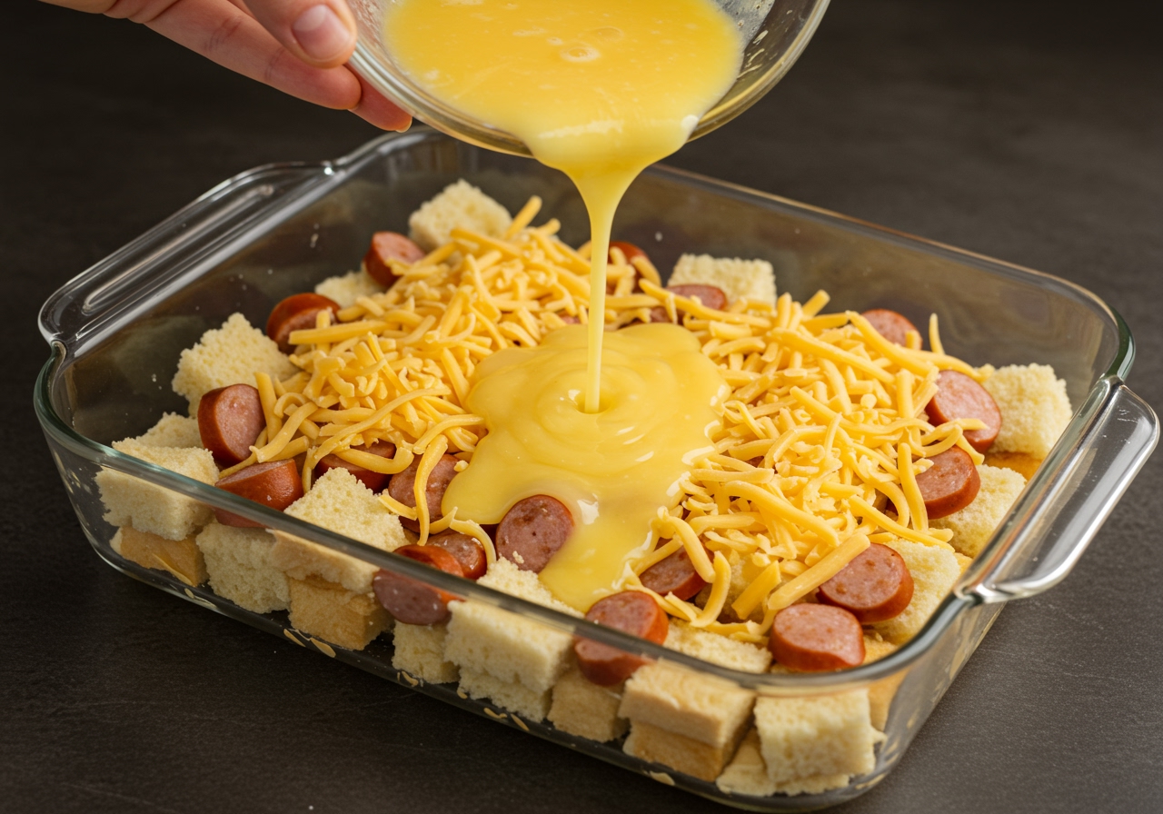 A baking dish filled with layers of cubed bread, cooked sausage, cheese, and egg mixture, ready to be put into the oven. A hand is gently pouring the egg mixture over the ingredients.
