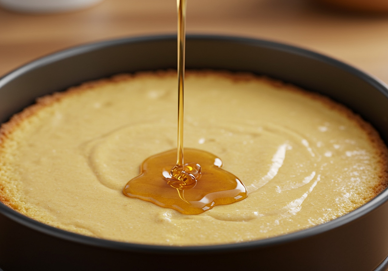 A baking dish with cake batter, and a hot maple syrup sauce being carefully poured over the batter before baking.