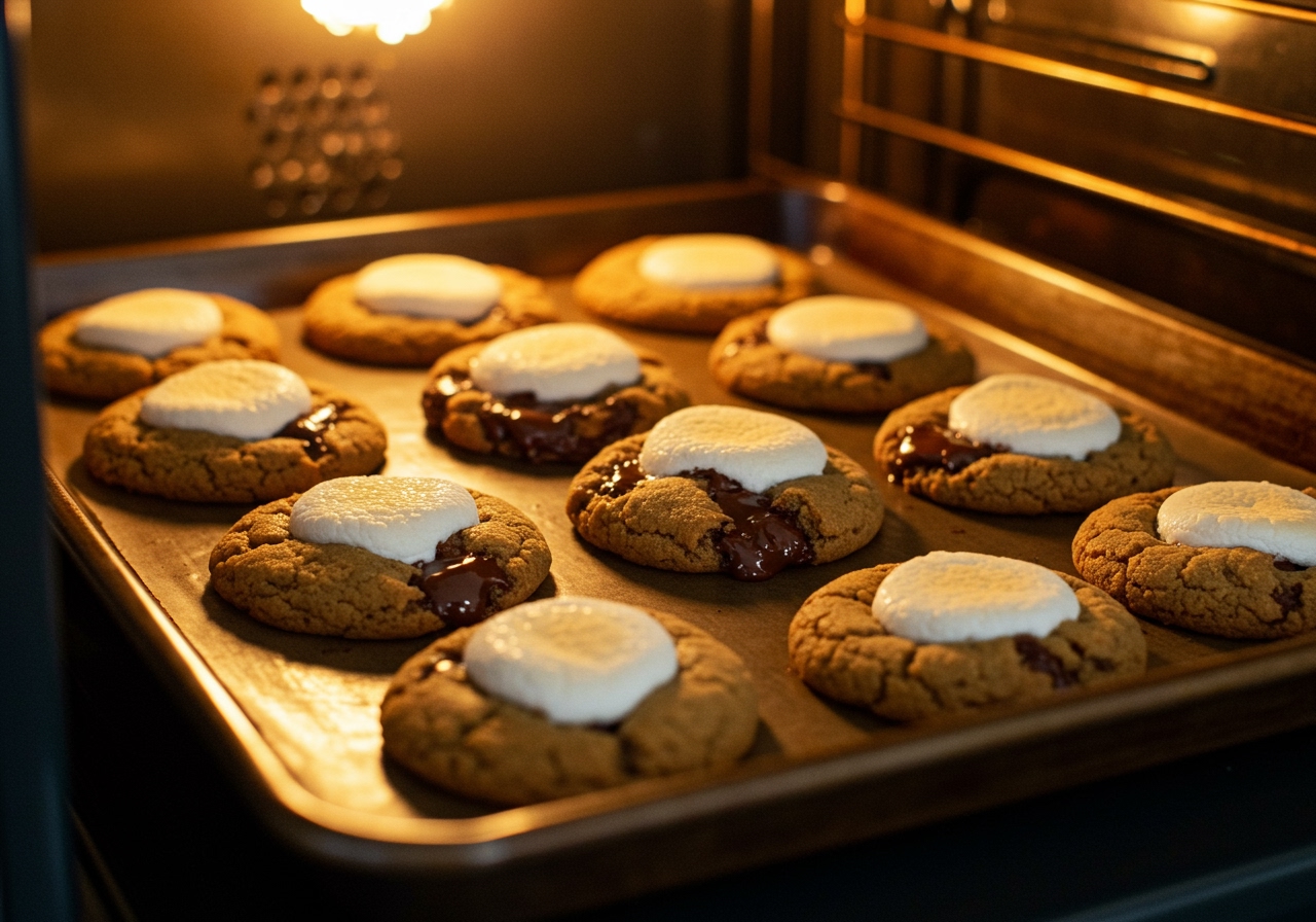 A baking sheet filled with healthy s'mores cookies, fresh out of the oven, with melted chocolate and toasted marshmallows.