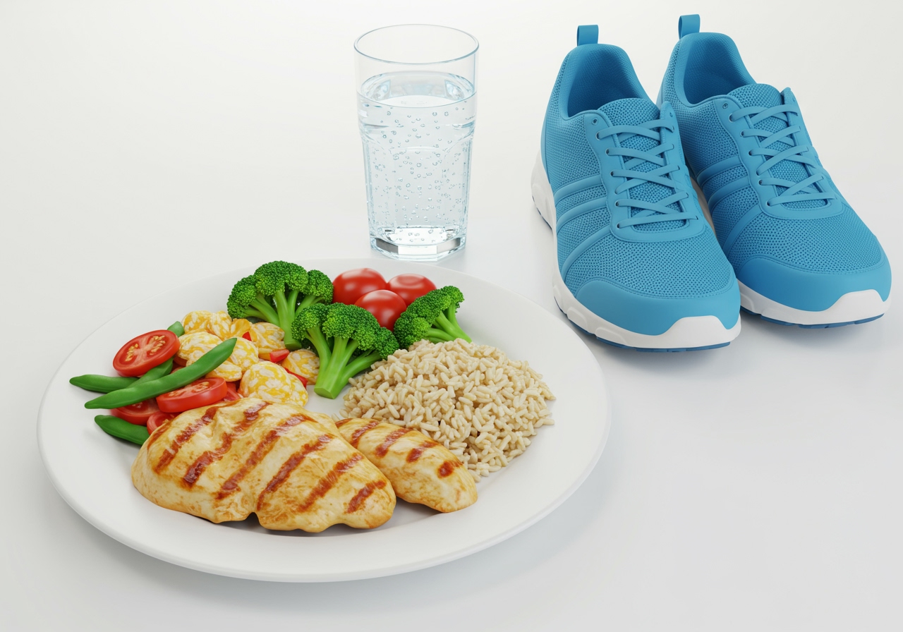 A balanced meal plate next to a pair of walking shoes and a glass of water, symbolizing the combination of diet and exercise for health.