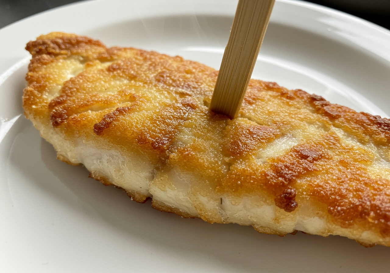 A bamboo skewer being inserted into a piece of air-fried fish to check for doneness.