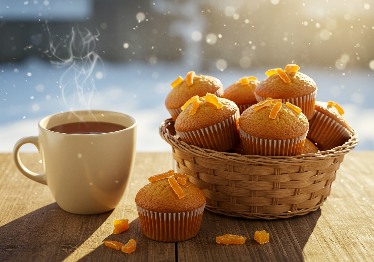 A basket of freshly baked orange and ginger muffins with candied orange peel on top, next to a cozy cup of tea on a winter morning setting.
