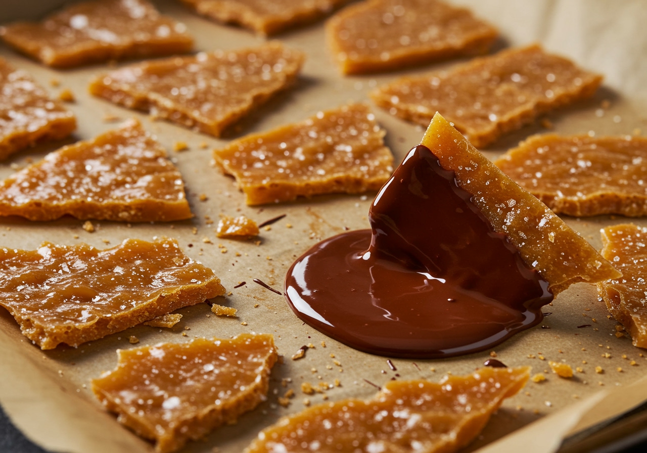 A batch of freshly made cinder toffee cooling on a parchment-lined baking sheet, with some pieces already broken off. One piece is being dipped into melted chocolate.