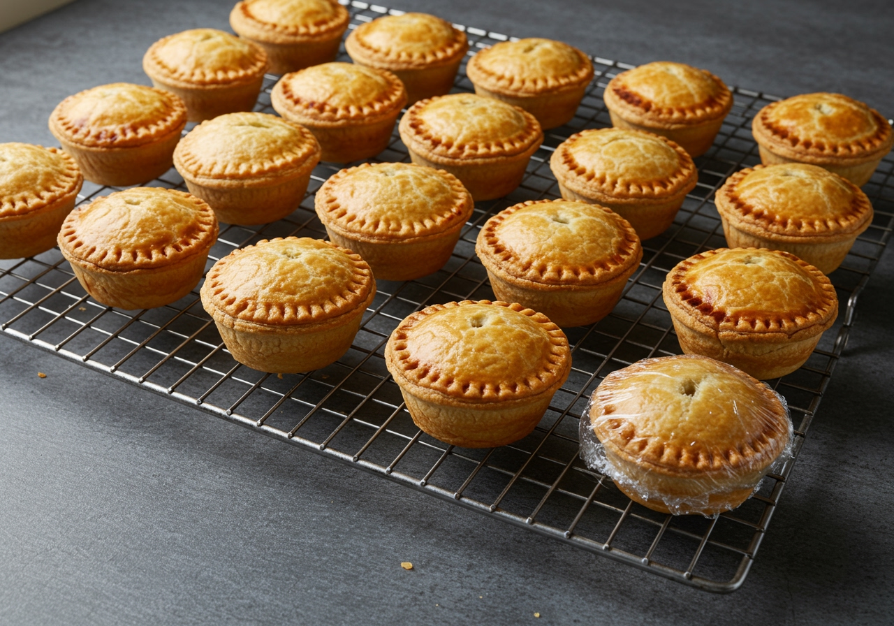 A batch of mini meat pies cooling on a wire rack, with some already individually wrapped for storage, showcasing practical meal prep.