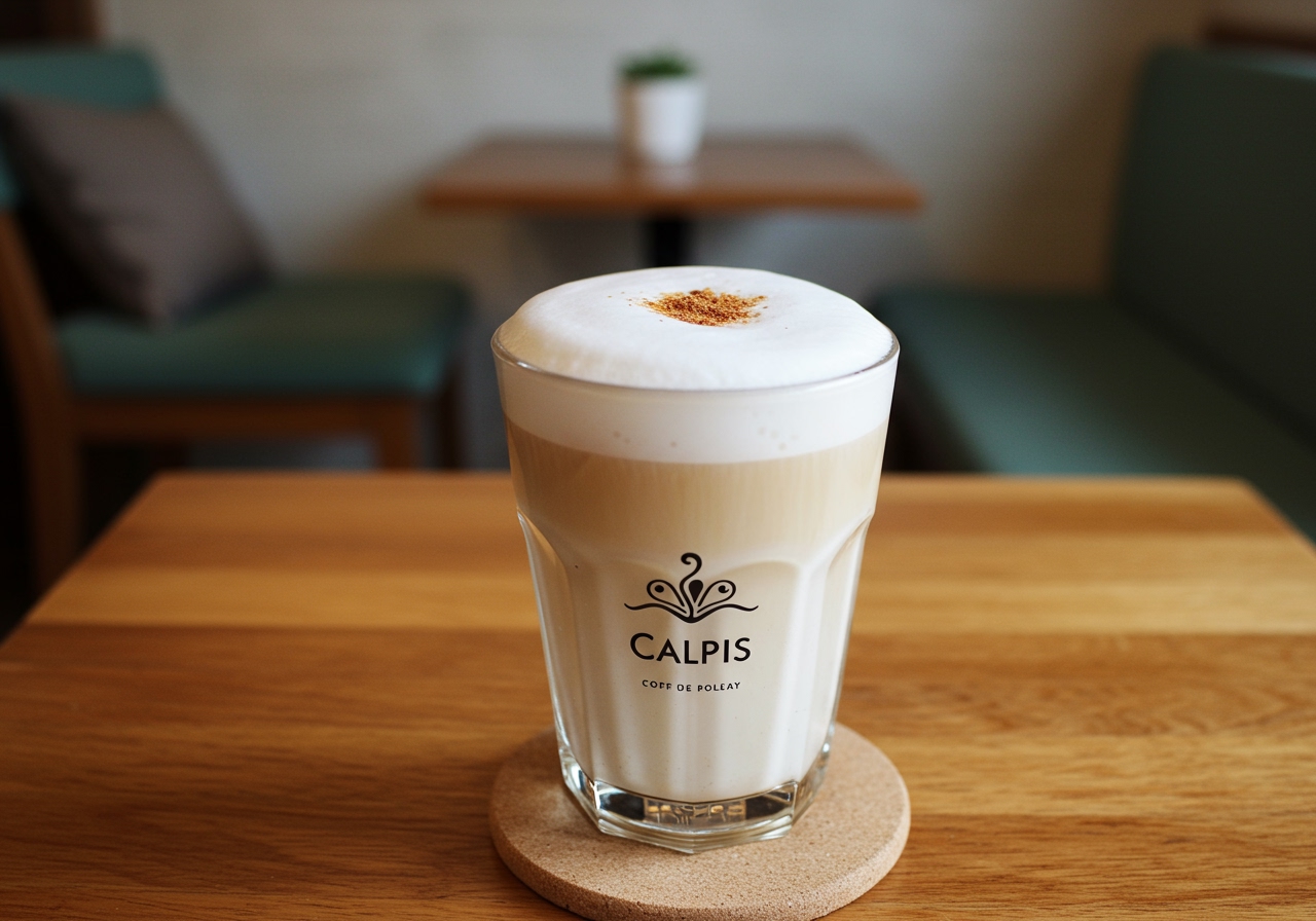 A beautiful, airy photo of a Calpis milk foam drink in a clear glass, topped with fine foam, maybe a sprinkle of cinnamon. Natural lighting, cozy home cafe setting in the background.