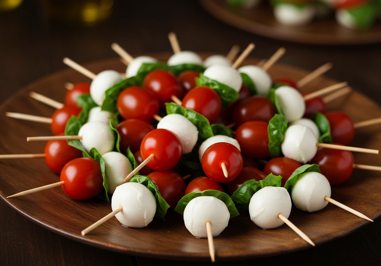 A beautiful arrangement of Caprese salad skewers on a platter, perfect for a party appetizer.