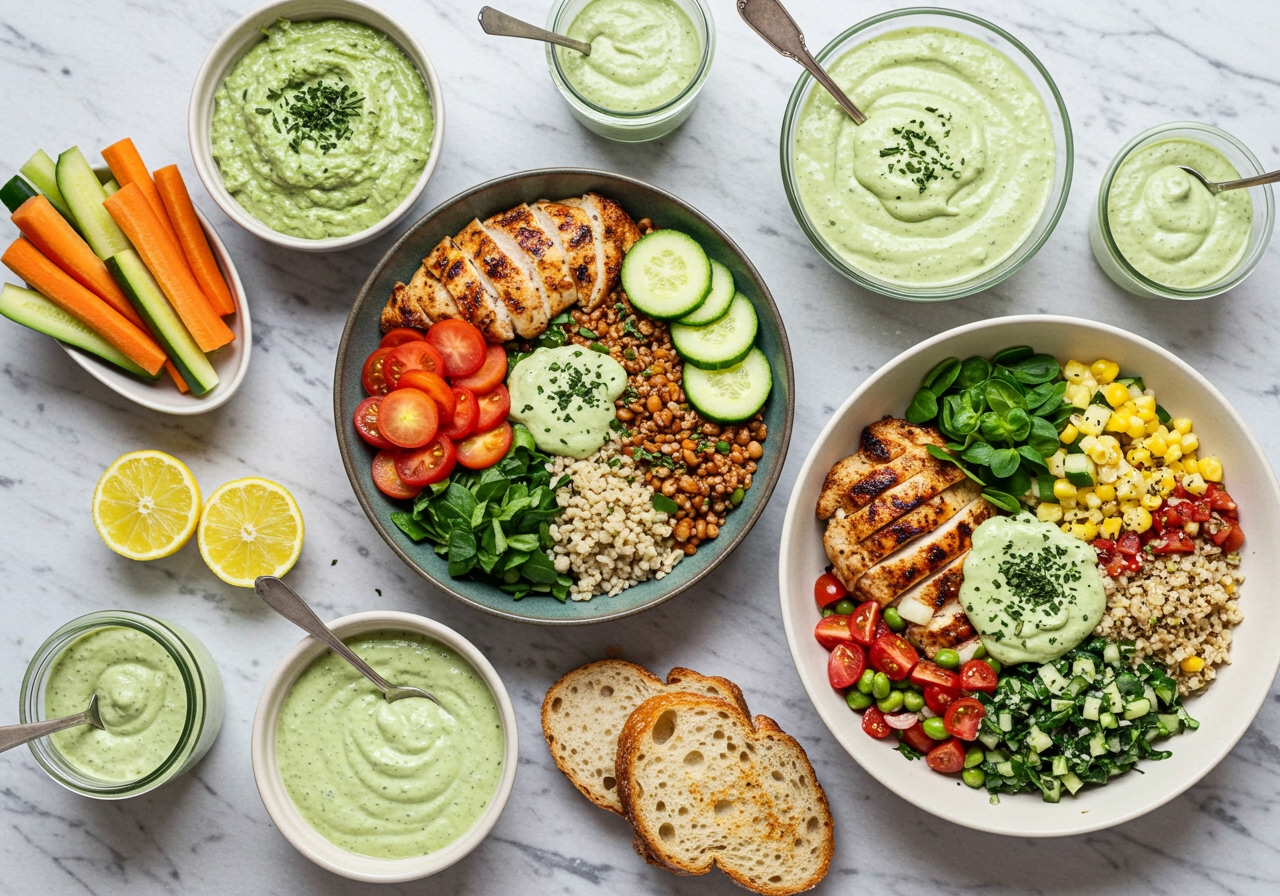 A beautiful arrangement of different ways to use green goddess dressing: as a dip for vegetable sticks, drizzled over grilled chicken, mixed into a grain bowl, and spread on a sandwich.