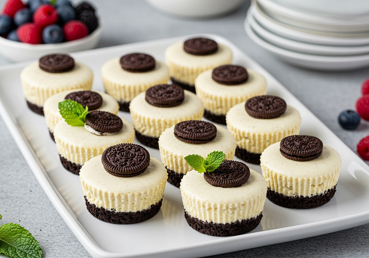 A beautiful arrangement of mini healthy Oreo Philadelphia cheesecakes on a white serving platter, garnished with a few fresh berries and mint leaves. The cheesecakes are perfectly portioned and look delectable.