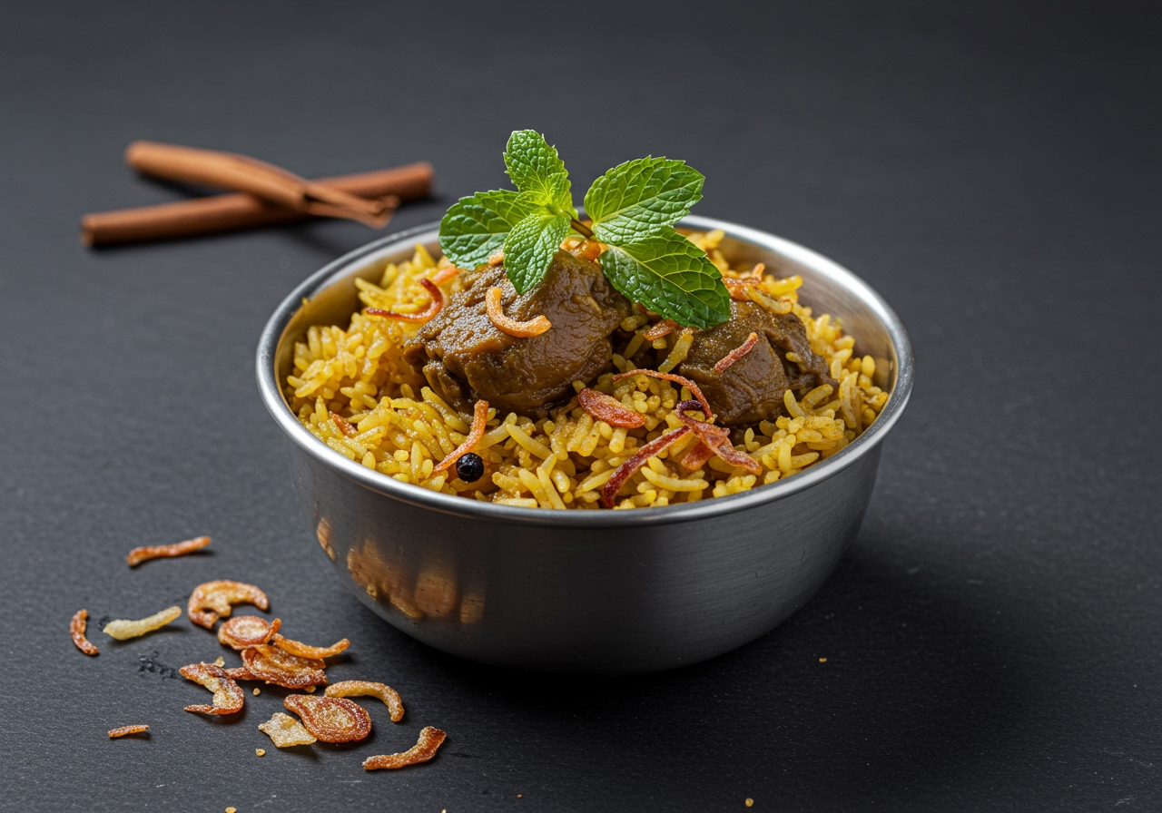 A beautiful, artistic shot of a small bowl of Siamese-style Goat Biryani, perfectly portioned, garnished with a sprig of fresh mint and a few fried shallots, ready to be served.