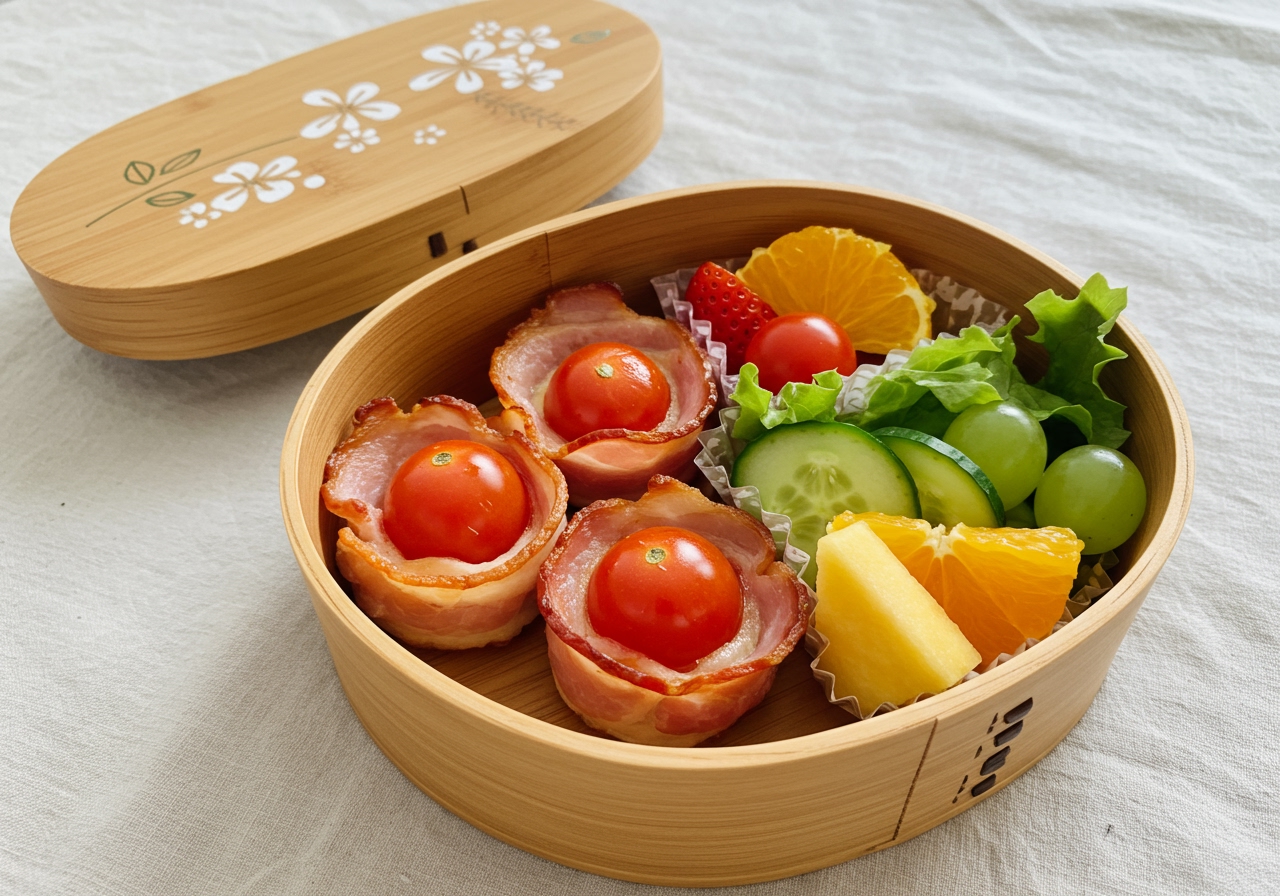 A beautiful bento box featuring healthy bacon and tomato cups, a side of fresh salad, and some fruit, perfectly packed for a nutritious lunch.