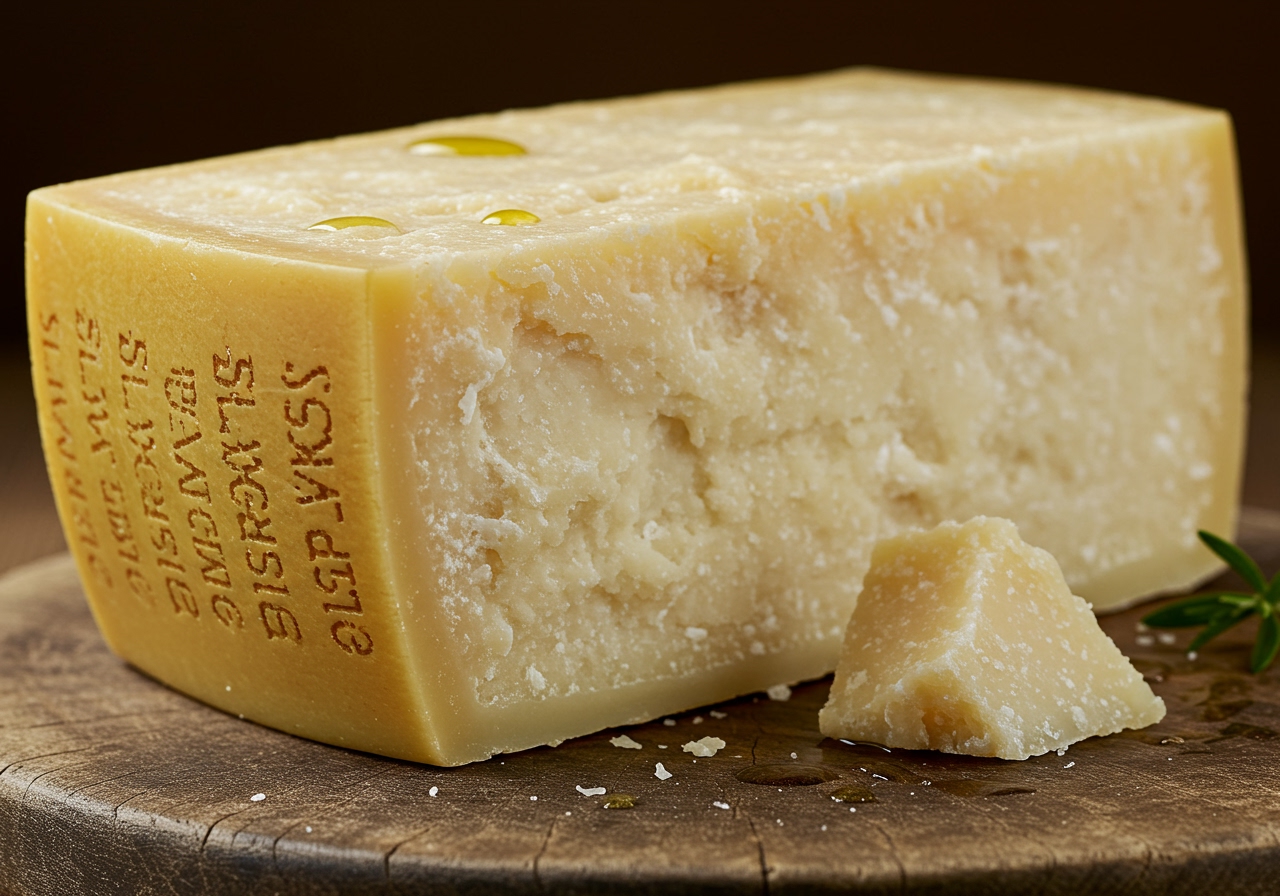 A beautiful block of Parmigiano Reggiano cheese with a portion of the rind clearly visible, showing its textured, golden-brown exterior. The cheese is on a rustic wooden board.