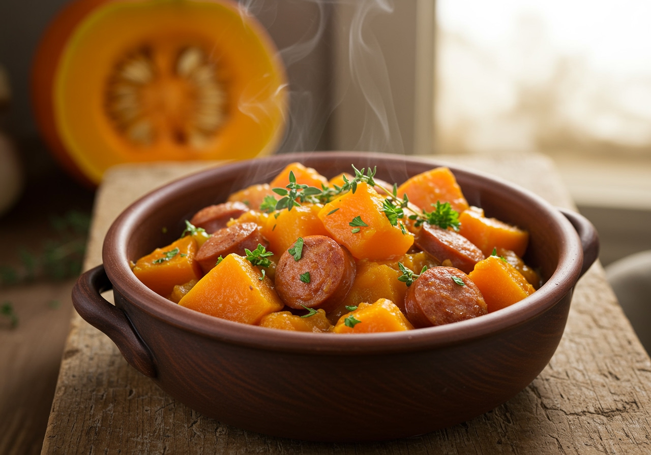 A beautiful bowl of easy pumpkin and sausage stew, garnished with fresh herbs, steam rising, set on a rustic wooden table.