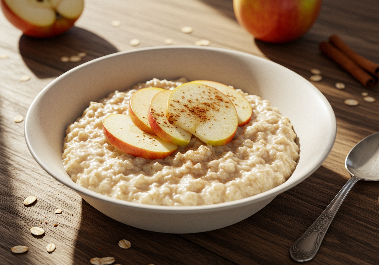 A beautiful bowl of oatmeal with sliced fresh apples, sprinkled with cinnamon, set on a rustic wooden table with a soft morning light.