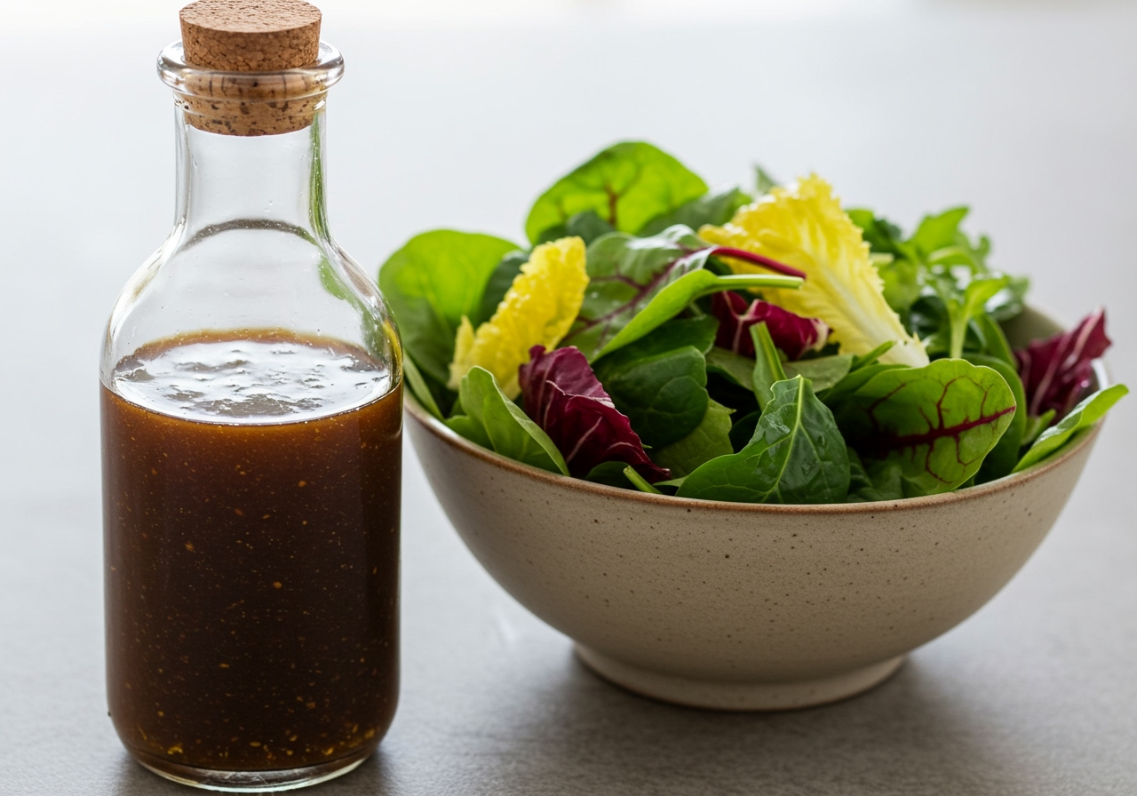 A beautiful, clear glass bottle of homemade maple balsamic vinaigrette next to a bowl of fresh mixed greens.