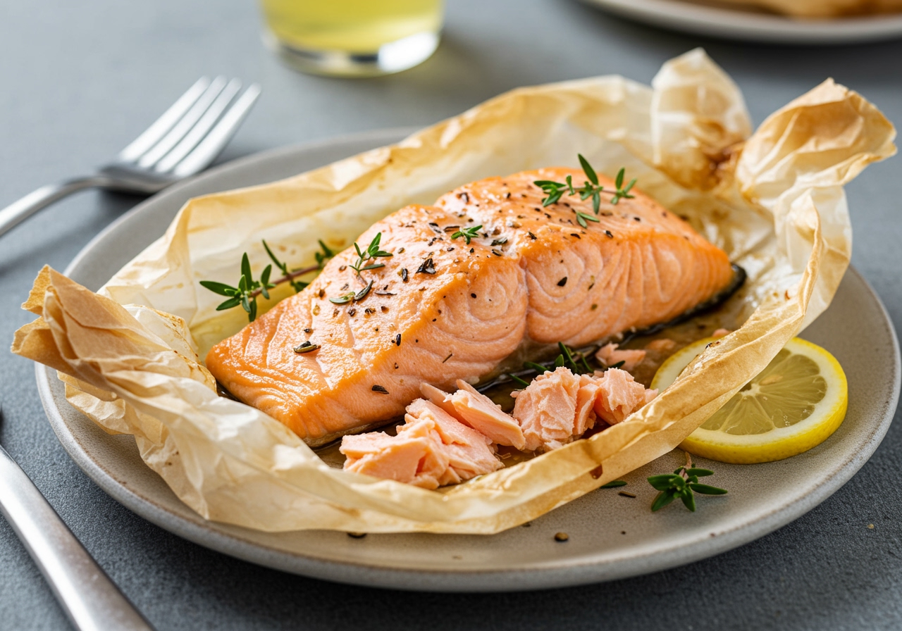 A beautiful close-up of a perfectly cooked salmon fillet baked in parchment paper, served on a plate with fresh herbs and lemon slices. The salmon is flaky and moist.