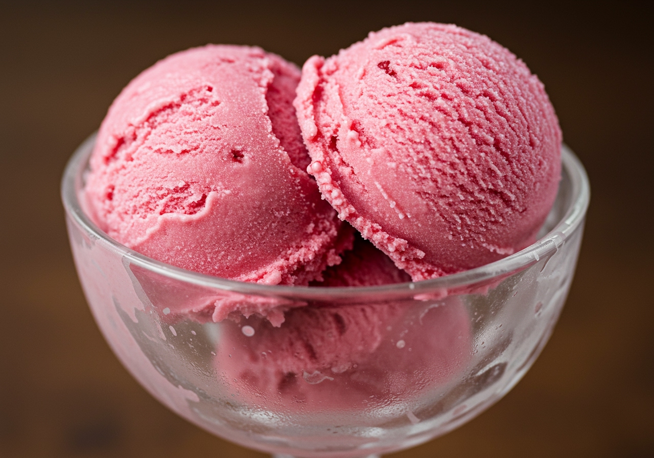 A beautiful close-up of a perfectly scooped homemade strawberry ice cream, showing its smooth, creamy texture and small flecks of real strawberry.