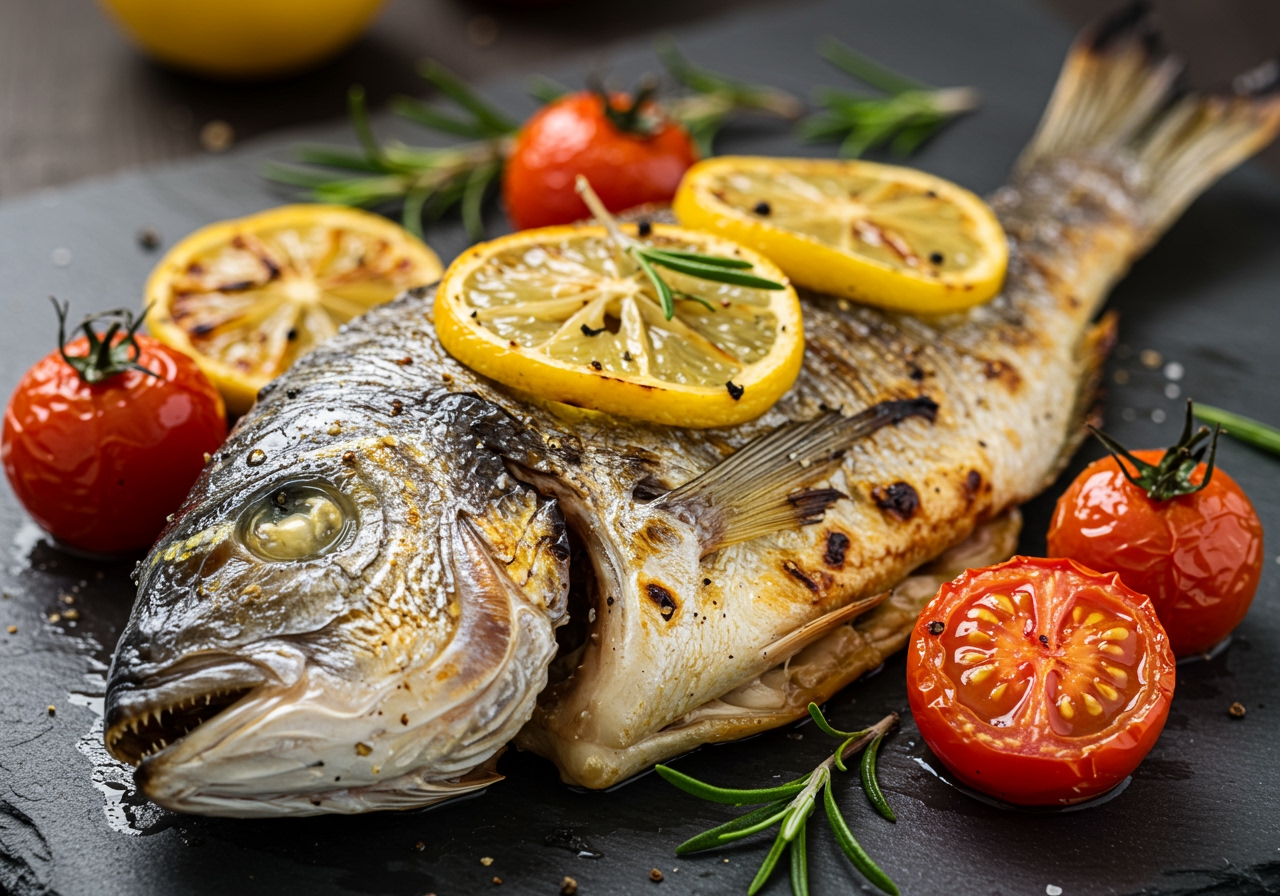 A beautiful close-up of a whole grilled sea bream (tai) seasoned with lemon slices, rosemary, and cherry tomatoes, perfectly cooked and glistening, on a rustic serving platter.