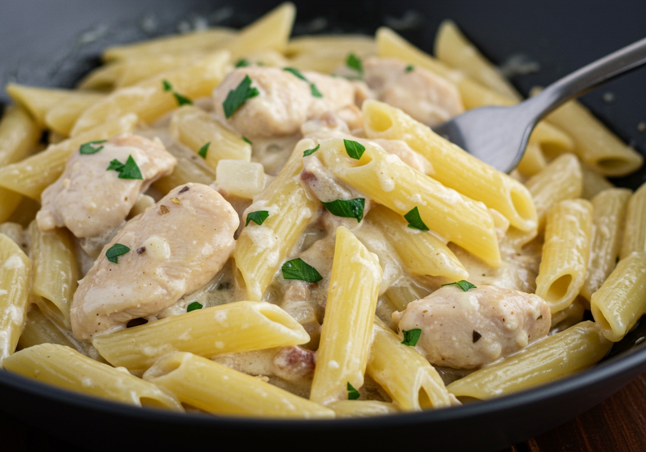 A beautiful close-up of the creamy, rich texture of the chicken pasta sauce, clinging perfectly to the al dente pasta and tender chicken pieces, with flecks of green herbs visible.