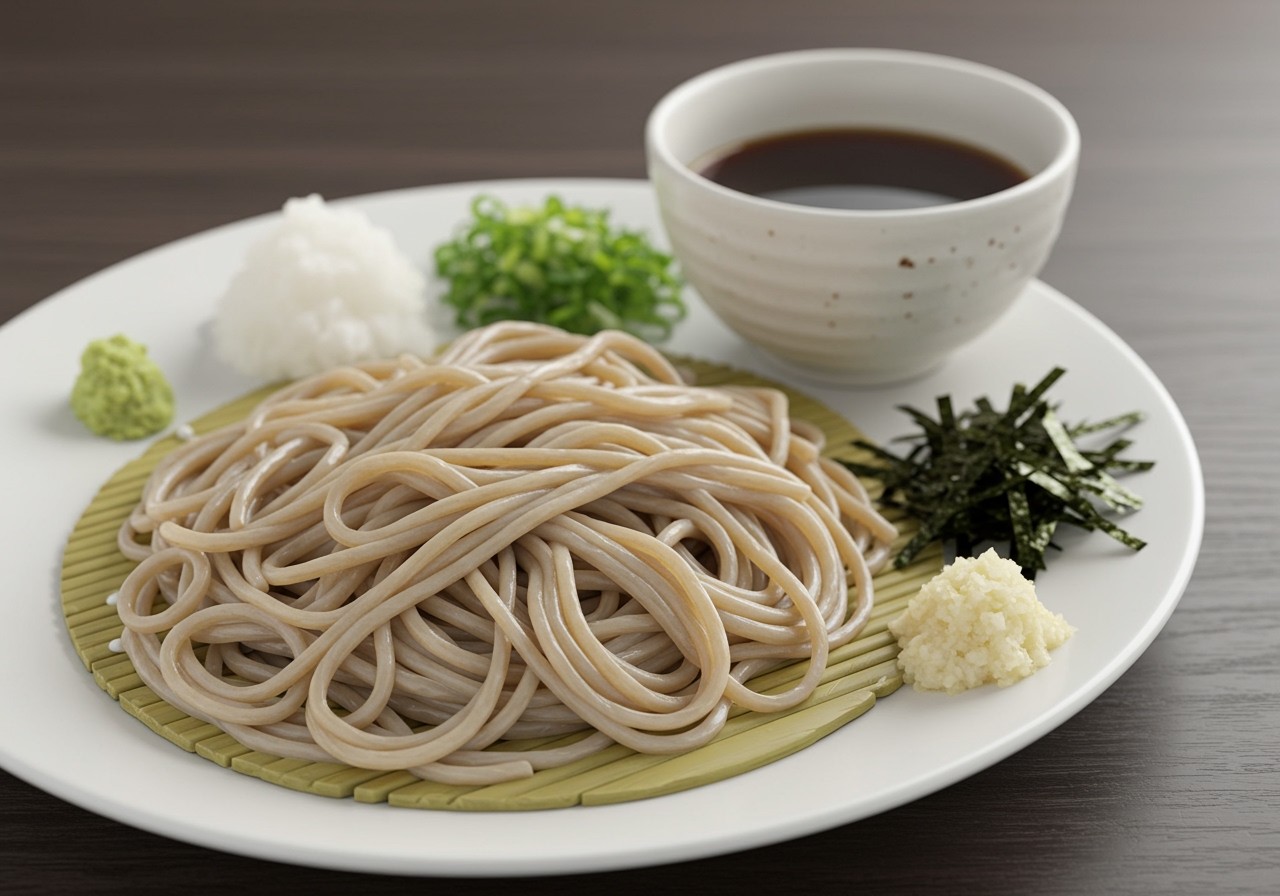 A beautiful close-up shot of a plate of zaru soba with tsuyu and condiments next to it, emphasizing the coolness and freshness.