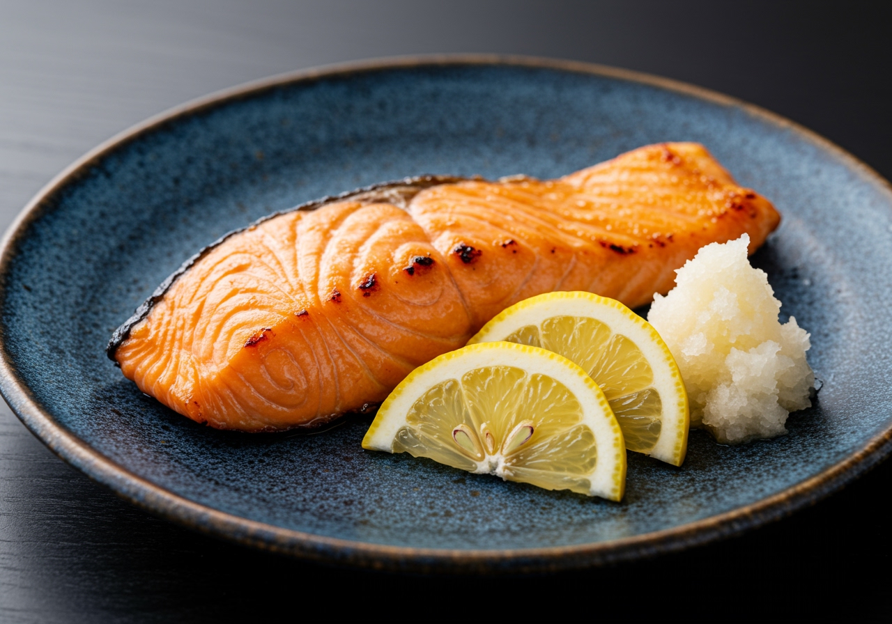 A beautiful close-up shot of freshly grilled salmon on a traditional Japanese plate, garnished with lemon wedges and grated daikon.