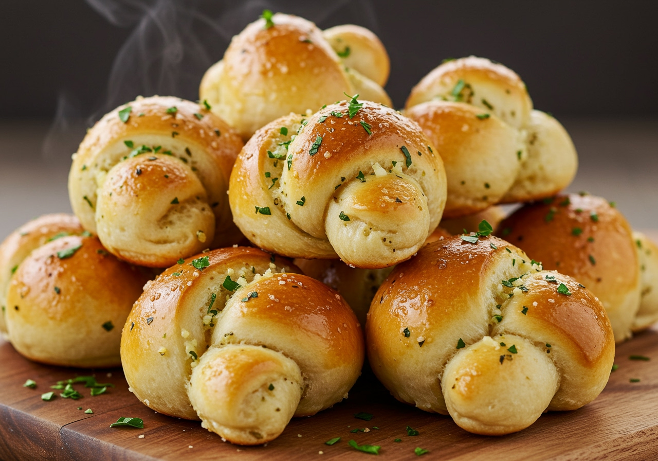 A beautiful close-up shot of golden-brown Jimbo-style garlic knots, glistening with butter and fresh herbs, piled artfully on a rustic wooden board. Steam might be gently rising.