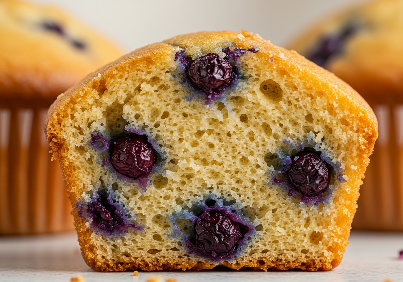 A beautiful cross-section of a blueberry muffin, showing distinct, unbled blueberries embedded in a light, fluffy golden crumb.