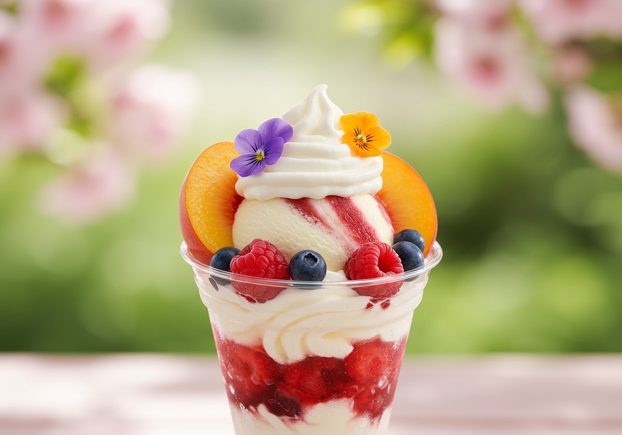 A beautiful Dairy Queen sundae topped with fresh peach slices, mixed berries, whipped cream, and edible flowers, presented against a soft spring background.