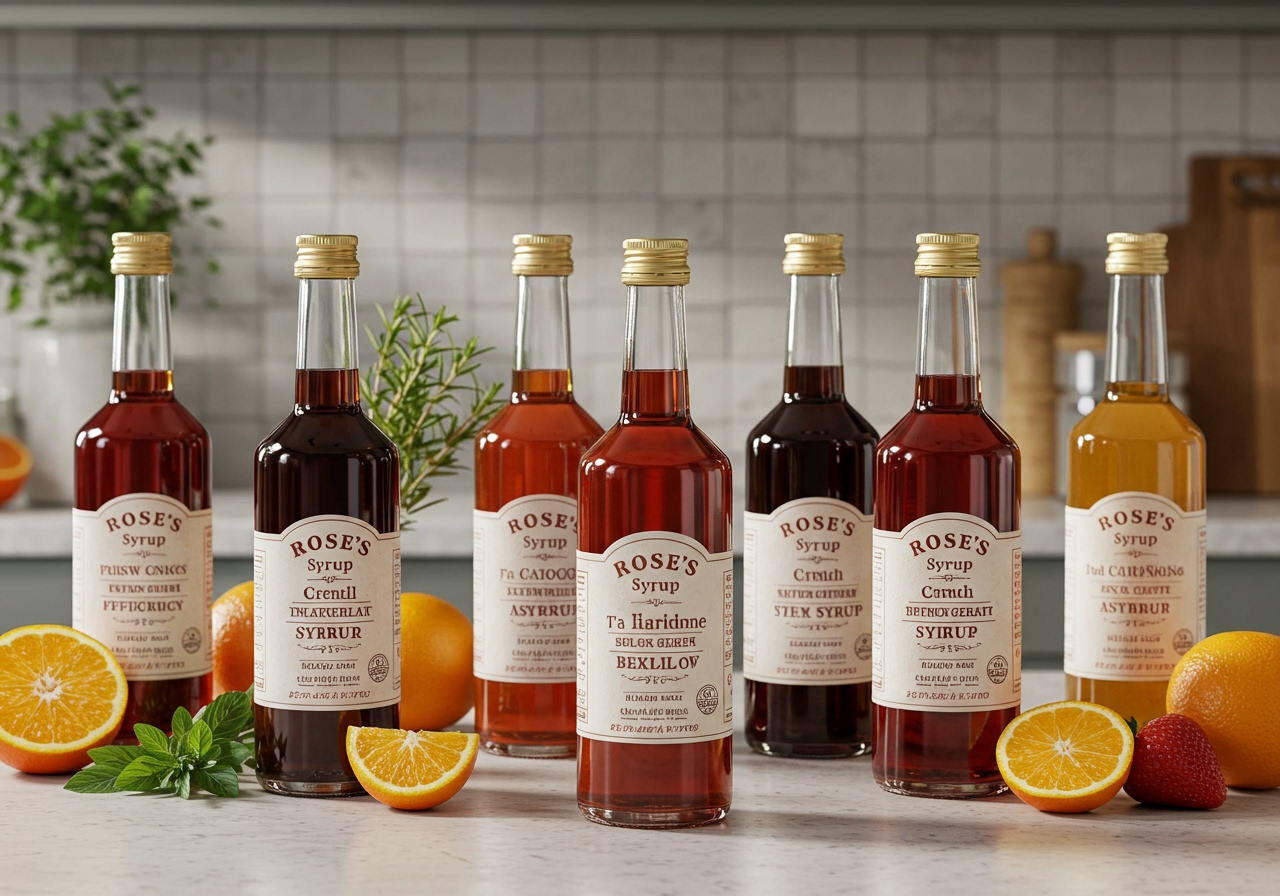 A beautiful display of various Rose's new syrup bottles, showcasing their different colors and elegant labels, in a light-filled kitchen setting. The bottles are arranged aesthetically with some fresh fruits and herbs.