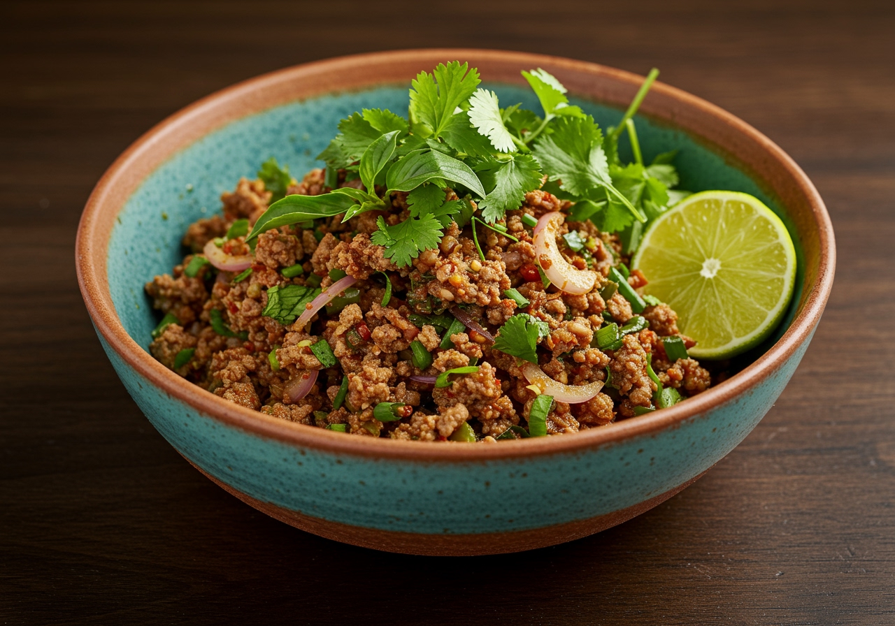 A beautiful final presentation of the homemade Larb in a serving bowl, garnished with fresh herbs and a lime wedge.