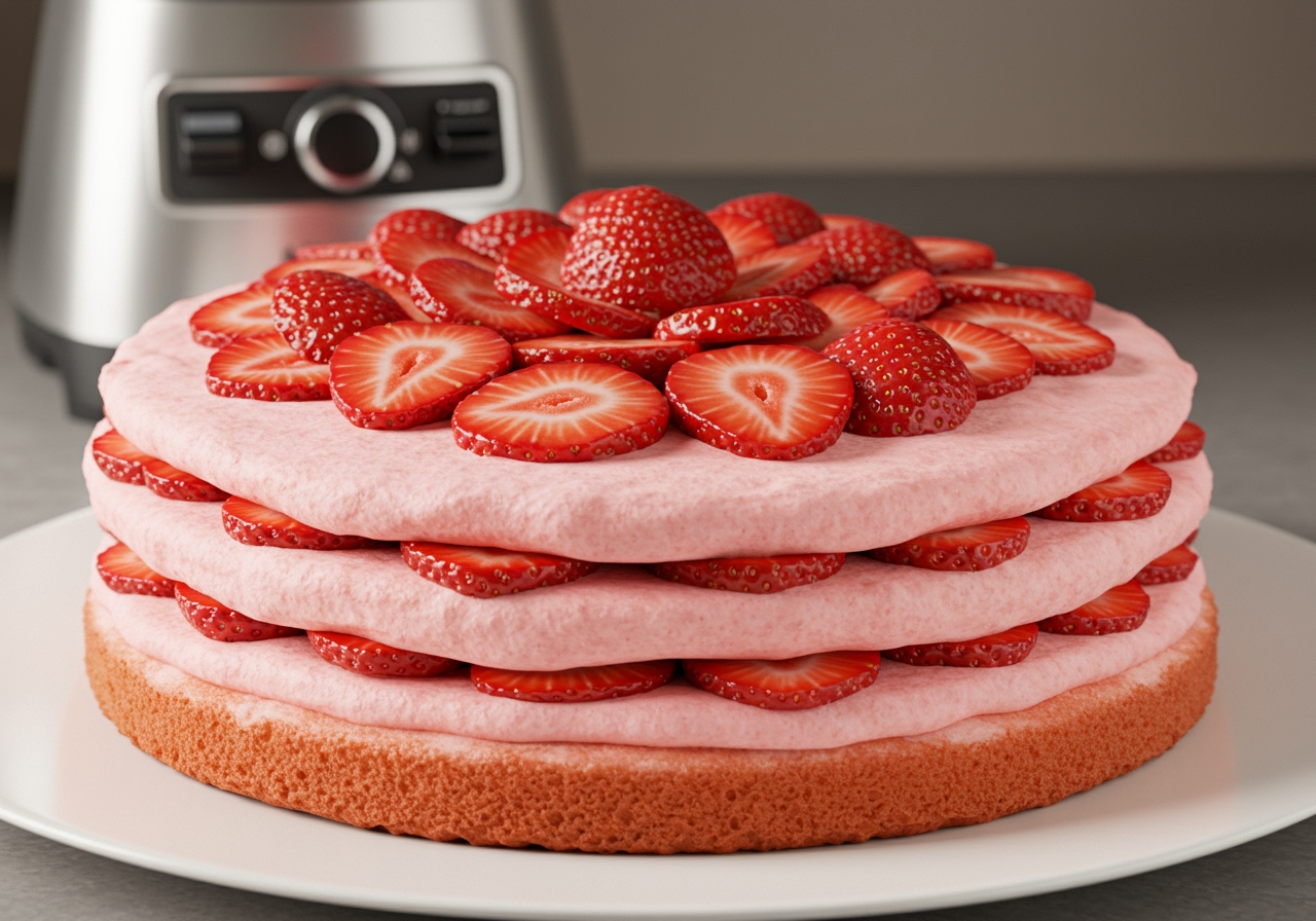 A beautiful, fluffy strawberry blender cake on a plate, garnished with fresh strawberries, with a blender visible in the background