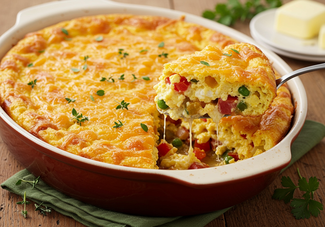 A beautiful golden-brown breakfast casserole, freshly baked, bubbling cheese, with various vegetables and eggs visible, on a rustic wooden table.