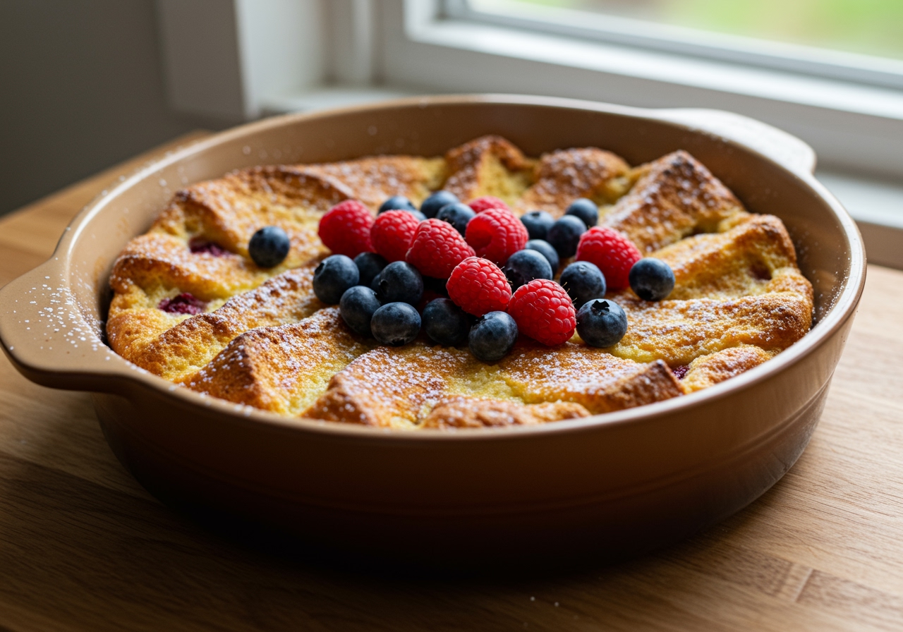 A beautiful, golden-brown French toast casserole, baked in a ceramic dish, topped with powdered sugar and fresh berries, ready to be served. Sunlight streaming in.