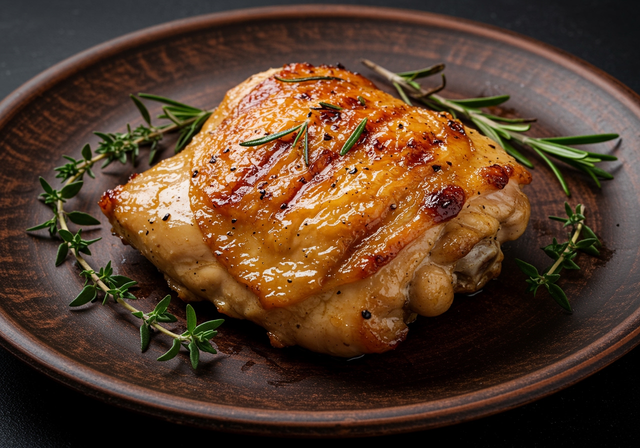 A beautiful, golden-brown grilled chicken thigh, perfectly cooked and glistening, served on a rustic plate with a scattering of fresh herbs.