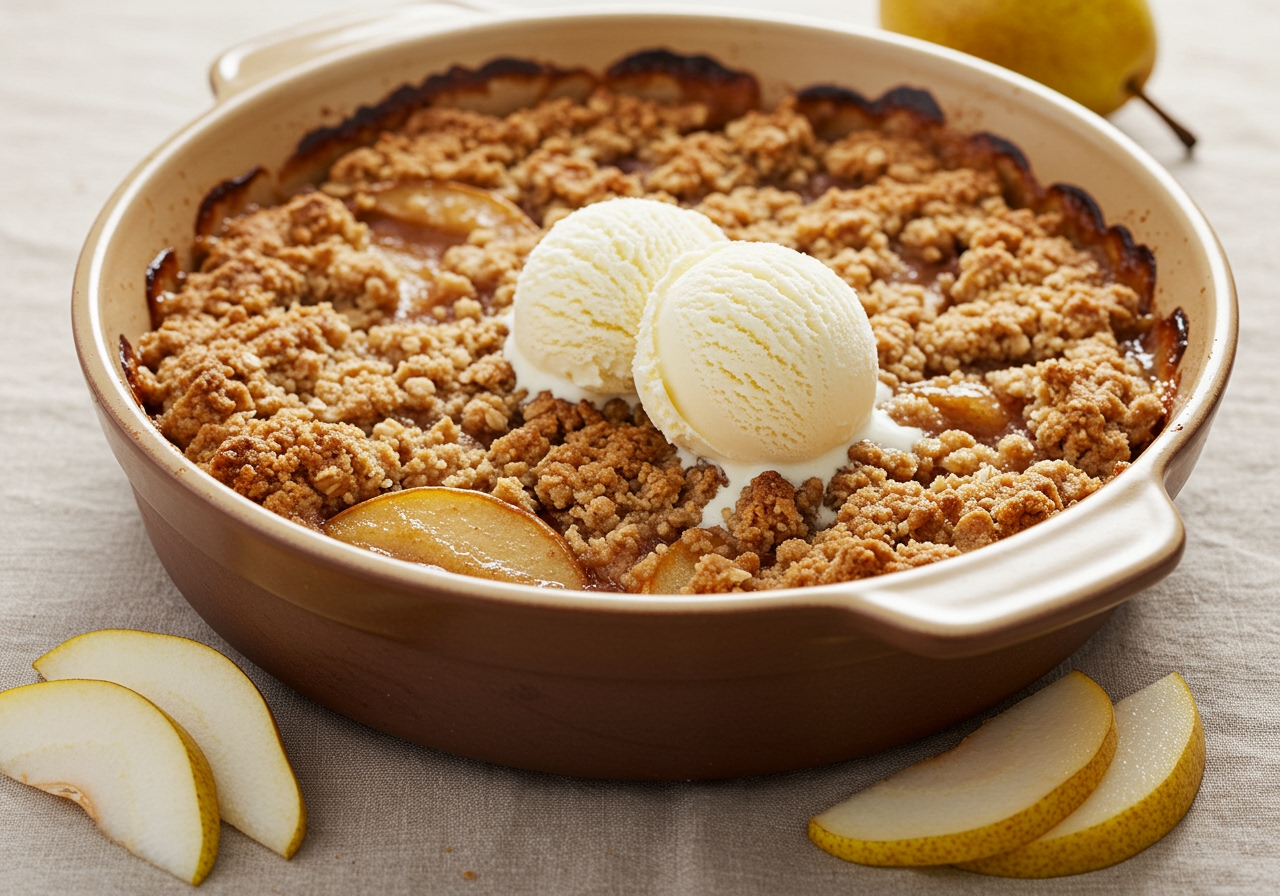 A beautiful, golden-brown pear crisp in a ceramic baking dish, topped with a scoop of vanilla ice cream, with sliced fresh pears around the dish.