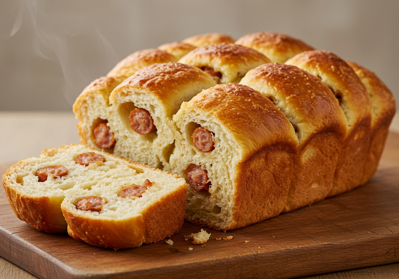 A beautiful, golden-brown pull-apart sausage bread, steaming slightly, on a wooden board, with individual pieces clearly visible, ready to be pulled.
