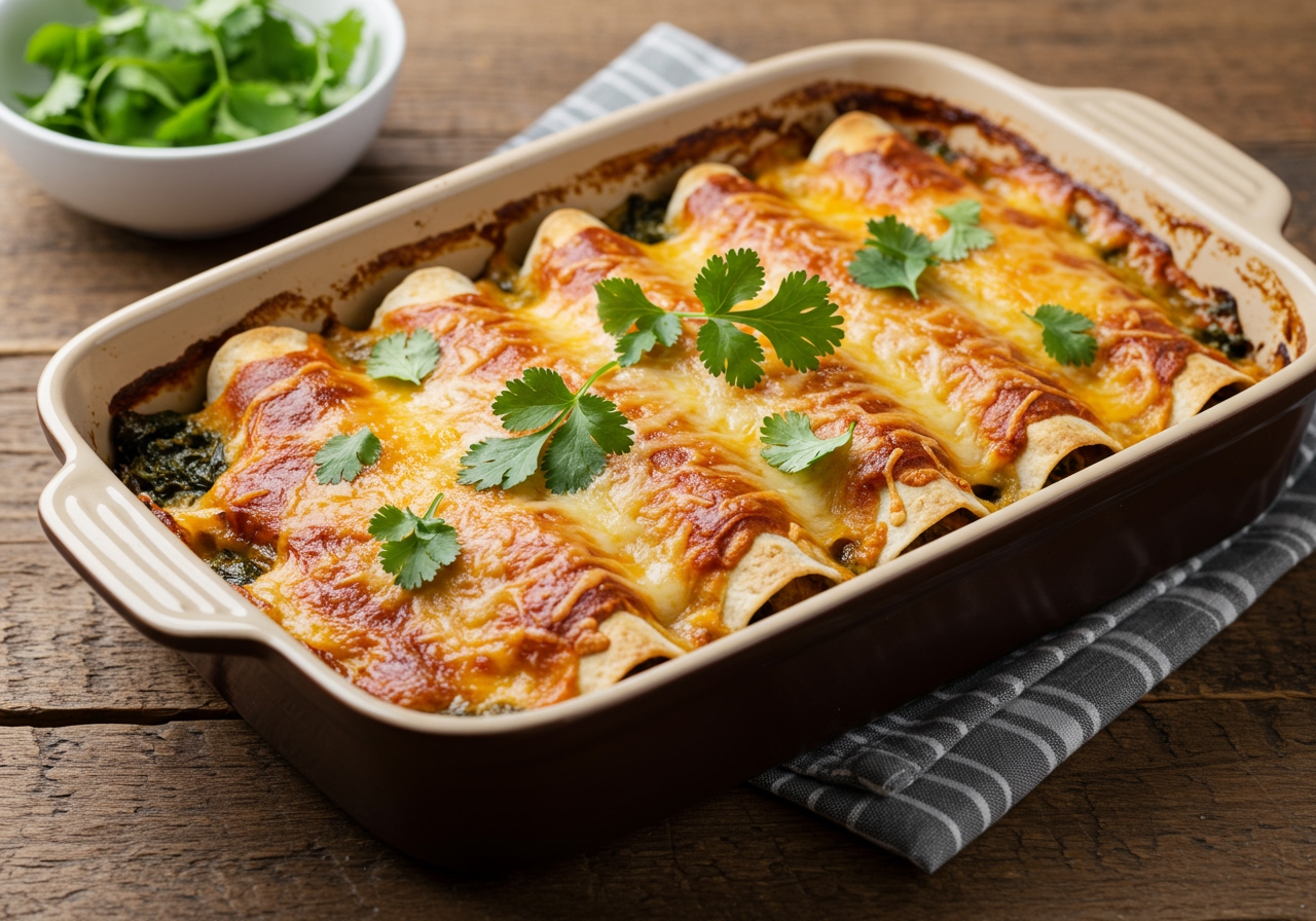 A beautiful, golden-brown spinach and chicken enchilada casserole, fresh out of the oven, topped with melted cheese and fresh cilantro, served in a ceramic baking dish on a wooden table.
