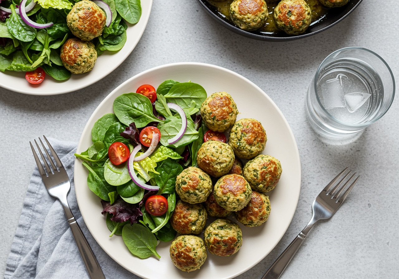 A beautiful overhead shot of a complete dinner featuring easy pesto turkey meatballs, alongside a fresh green salad with a light vinaigrette, and a glass of water, on a clean dining table.