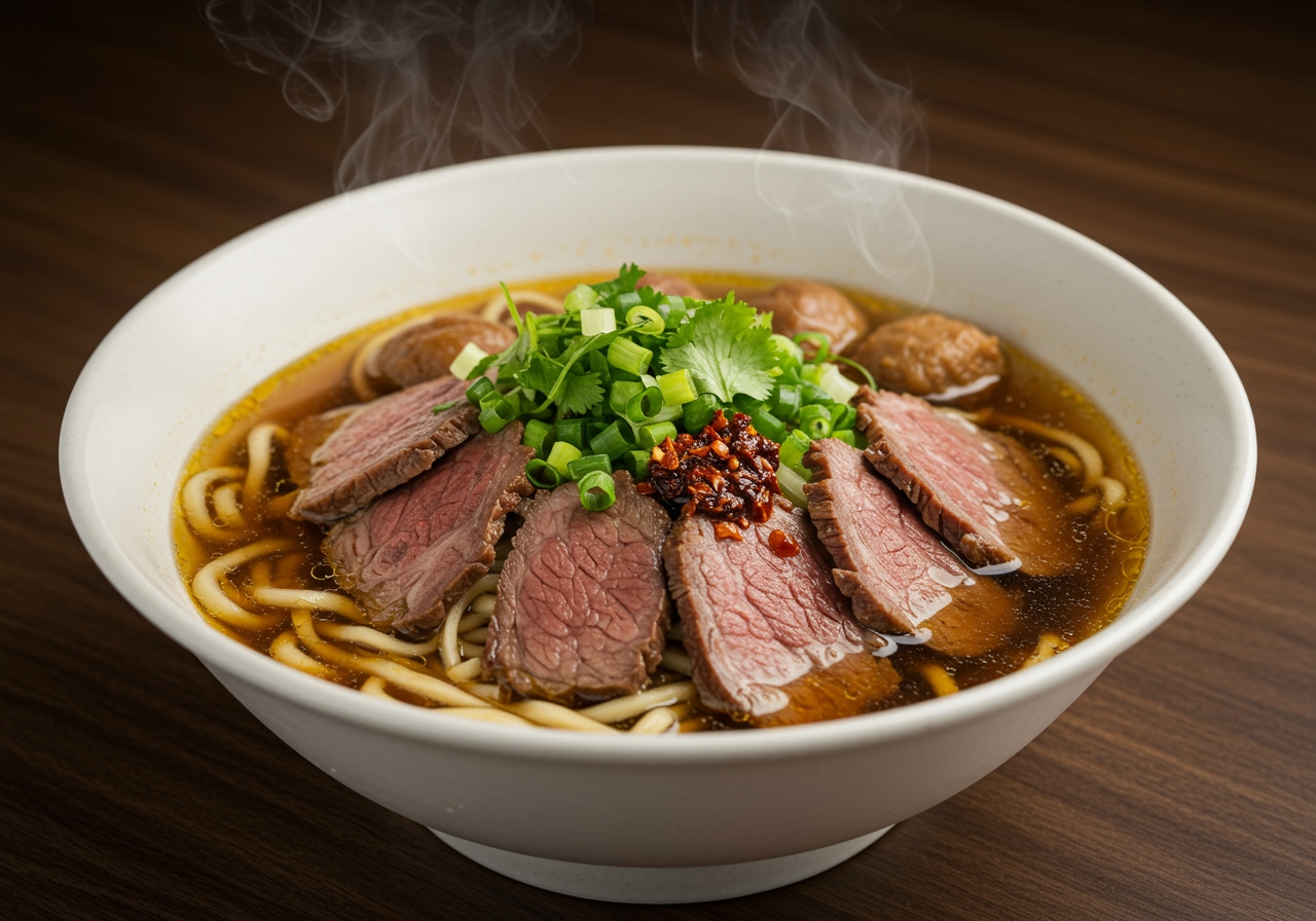 A beautiful overhead shot of a finished bowl of Taiwanese Beef Noodle Soup, showing the arrangement of ingredients and vibrant colors.