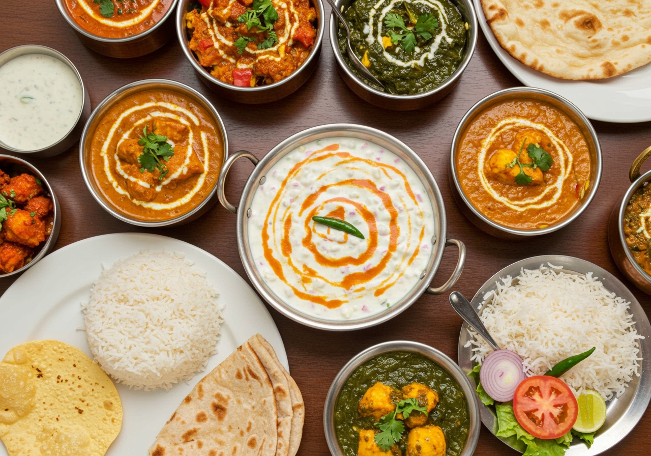 A beautiful overhead shot of a full Indian meal spread including various curries, rice, bread, and a prominent bowl of colorful raita in the center.