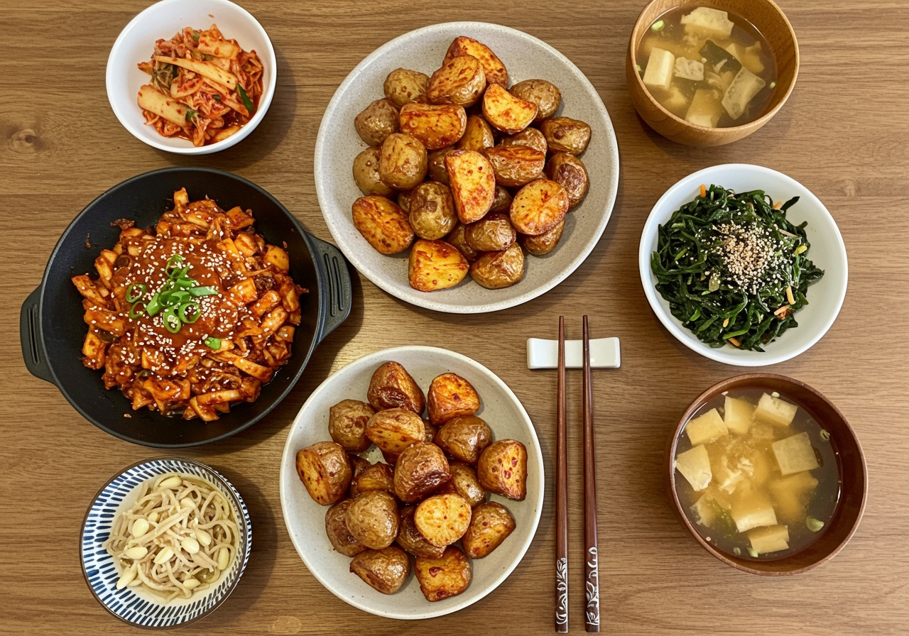 A beautiful overhead shot of a Korean-inspired dinner spread, featuring gochujang roasted potatoes as a side dish, accompanied by bibimbap, kimchi, and a bowl of miso soup. All dishes are artfully arranged on a wooden table.