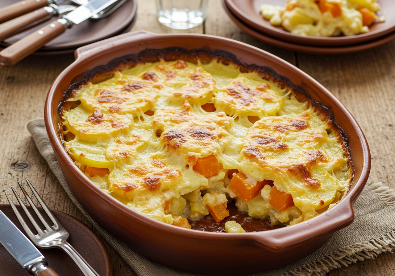 A beautiful overhead shot of the finished potato and pumpkin gratin, golden brown and bubbling, served in a rustic dish on a table setting with plates and cutlery.