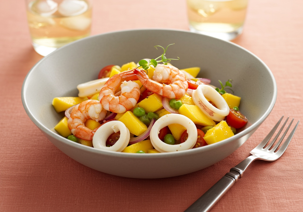 A beautiful overhead shot of the shrimp, squid, and mango salad served in an attractive bowl, perhaps with a fork resting nearby, and a glass of iced tea or white wine in the background.