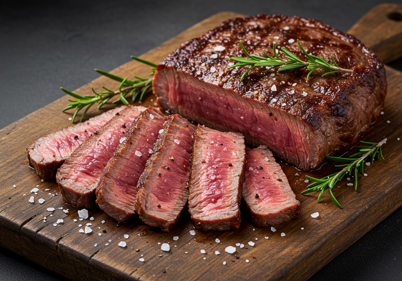 A beautiful, perfectly cooked steak, sliced to reveal a juicy medium-rare interior, artfully arranged on a rustic wooden cutting board with a sprinkle of sea salt and fresh herbs.