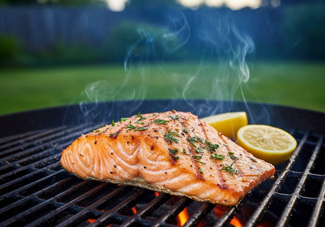 A beautiful, perfectly grilled salmon fillet on a barbecue grill, with a smoky aroma visible, garnished with fresh herbs and lemon wedges, in an outdoor setting.