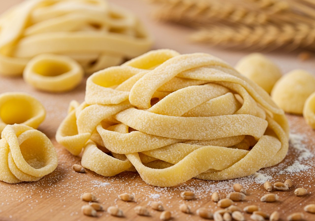 A beautiful photo of a pile of fresh, homemade semolina pasta dough, perhaps fettuccine or orecchiette, on a lightly floured wooden board, with a few durum wheat grains scattered around.
