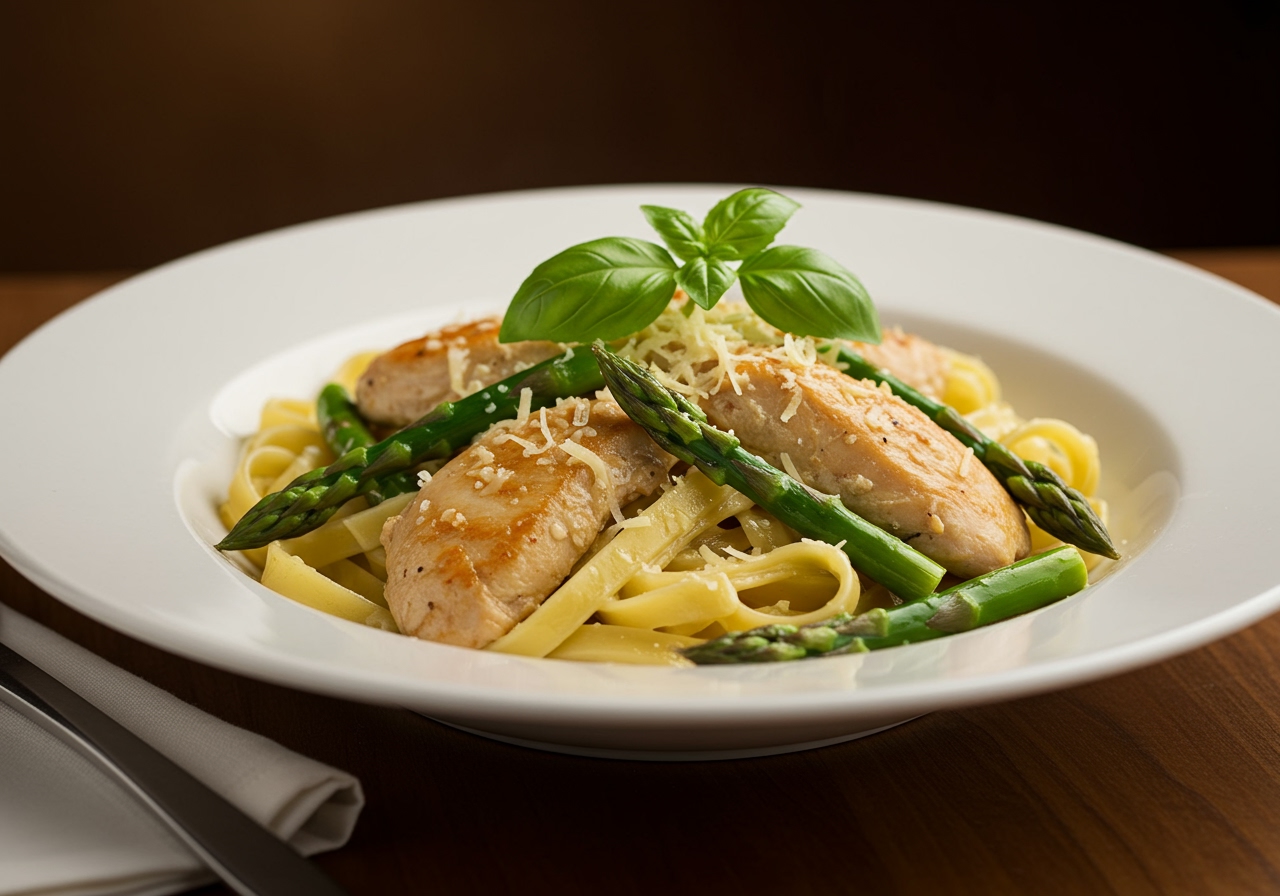 A beautiful plating of the chicken and asparagus fettuccine on a classic white pasta bowl, with a sprig of fresh basil and grated parmesan, ready to be served.